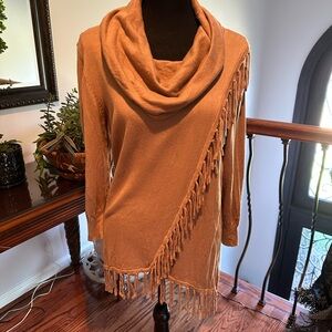 Reba Cowl Neck Sweater with Fringe - Brown